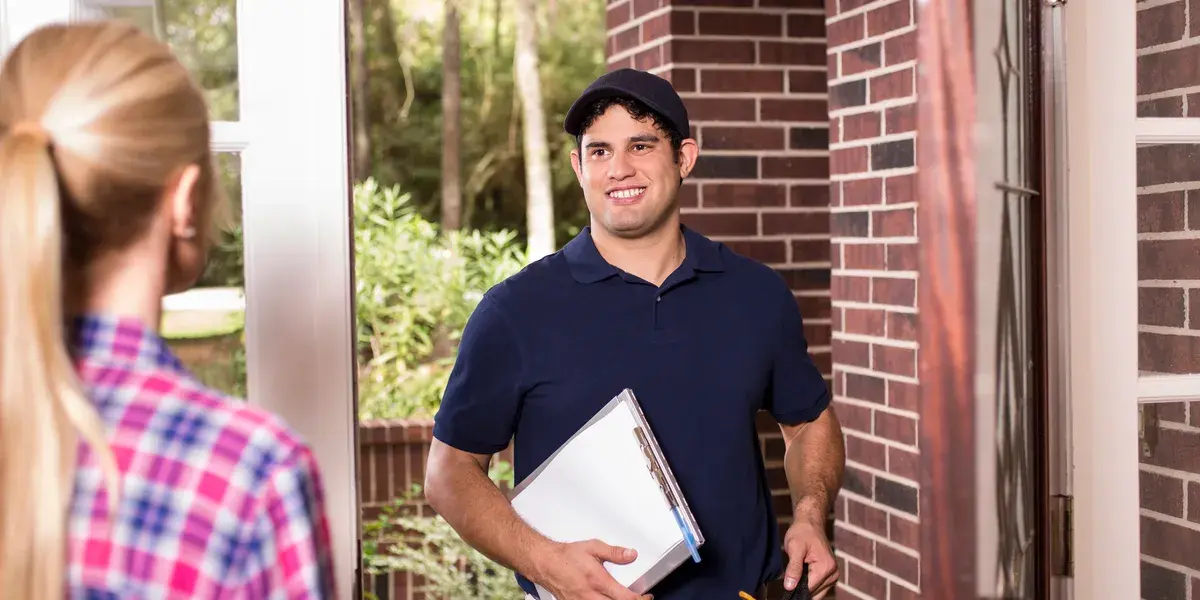 HVAC service truck and technicians at a residential job